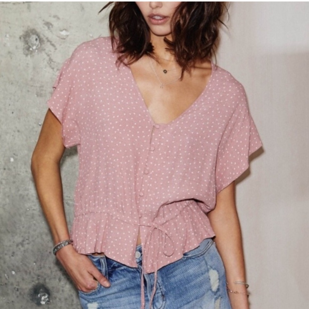 Rails Bretton Rosewood Mini Hearts Pink Button Ruffle Blouse Size Small